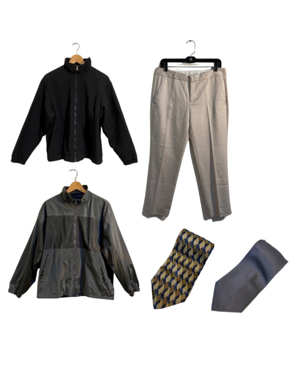 Lot of 5 - Men's Basic Black Jackets, Khaki Pants, Silk Ties - Sz. S to M